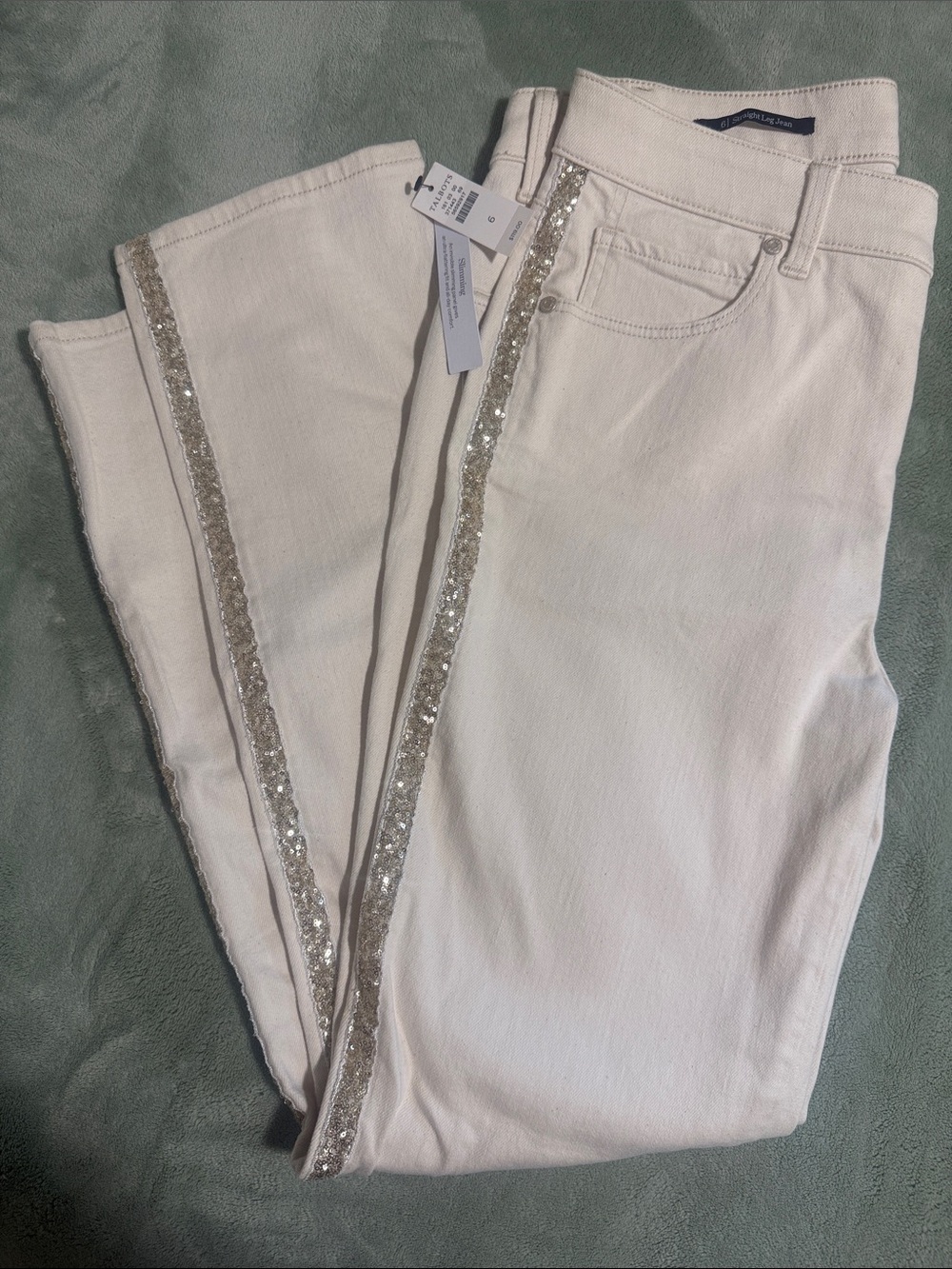 Talbots Off White Straight-Leg Jeans with gold Sequin Side Stripe size 6